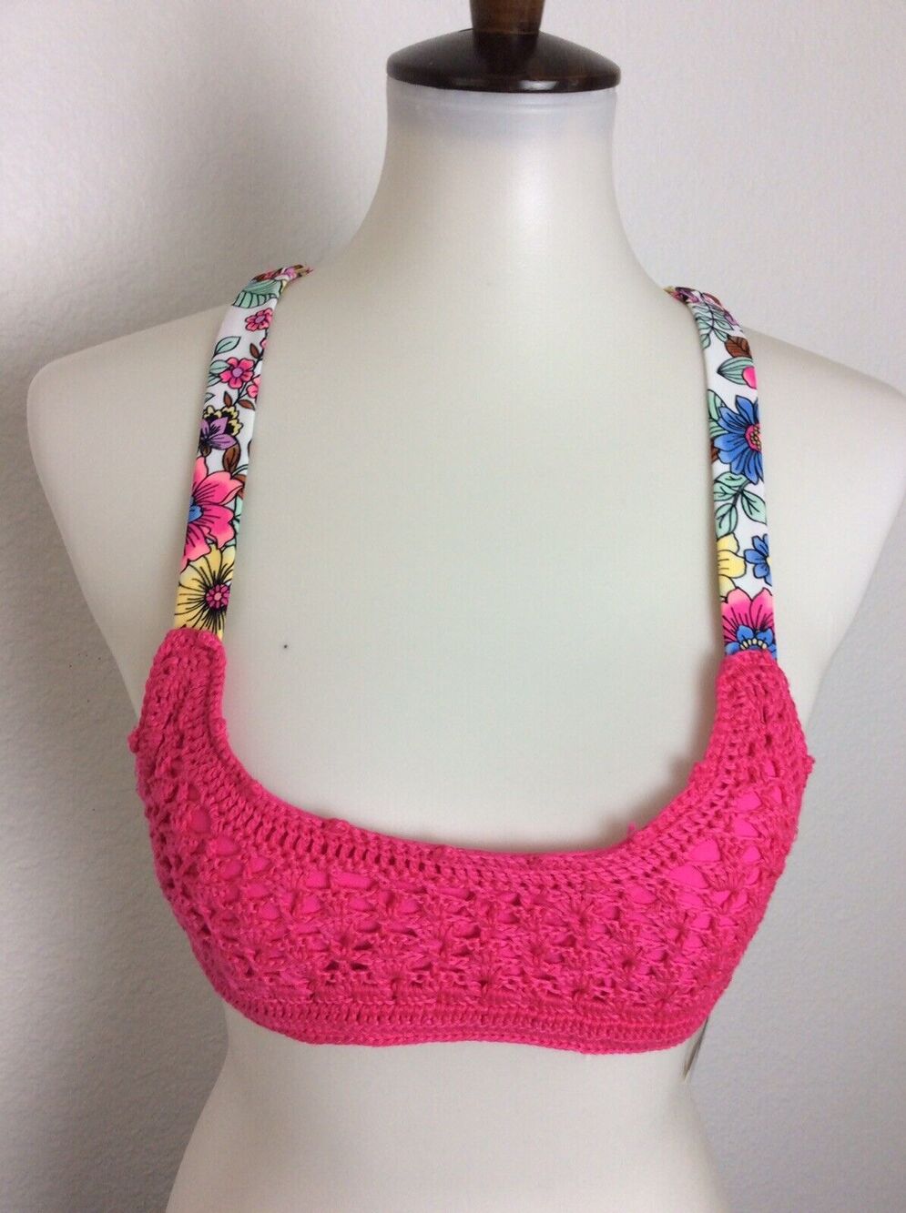 California Waves Swim Bikini Top Crochet Floral Padded Swimwear